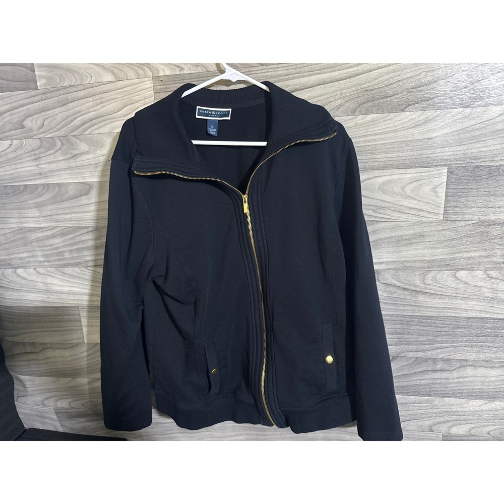 Karen Scott Sport Womens XL Black Full Zip Jacket Gold Hardware Mock Neck Knit - Picture 2 of 7